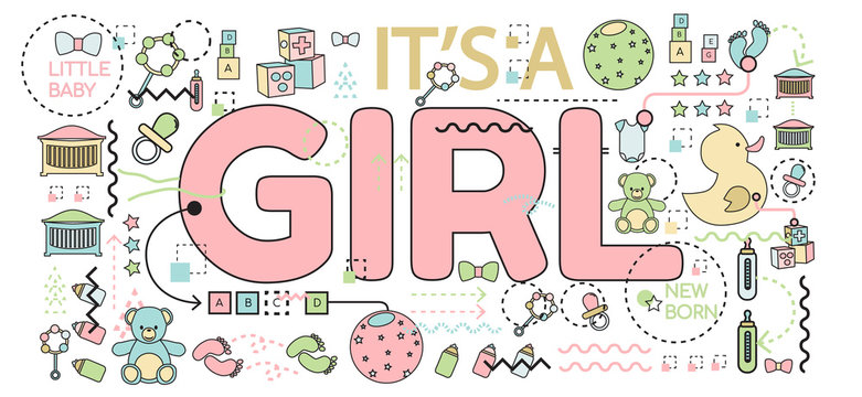 Baby announcement "it's a girl" text. Vector ilustration.