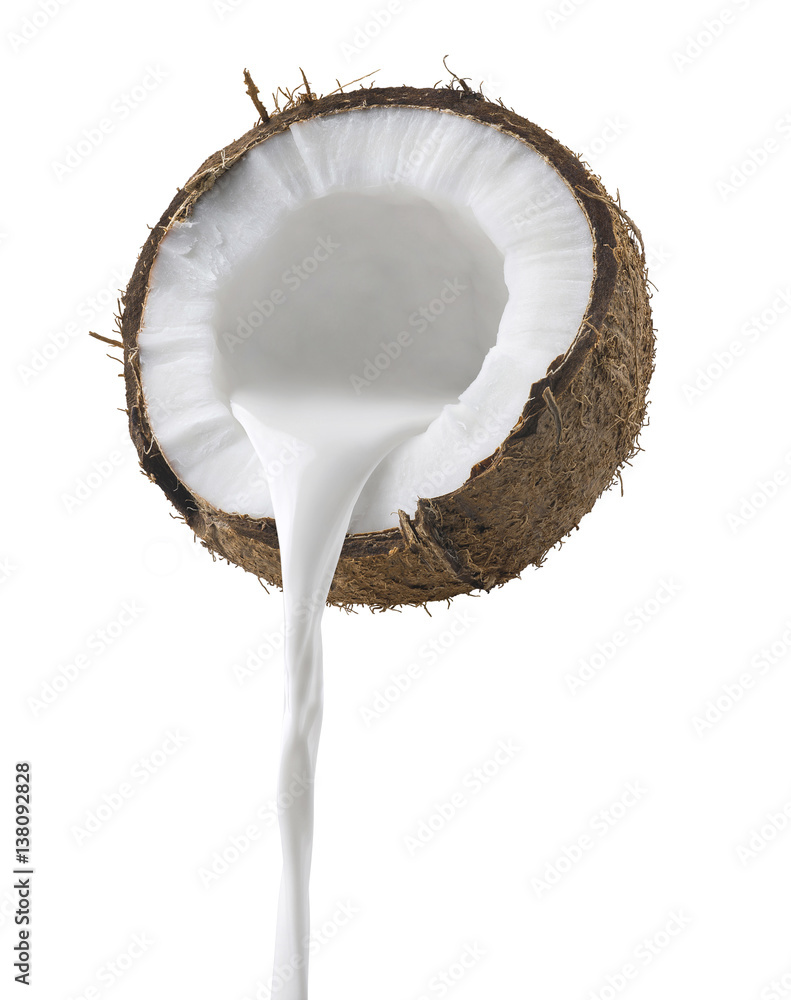 Wall mural coconut milk pouring side view isolated on white background - Wall murals