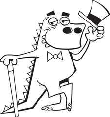 Black and white illustration of a dinosaur tipping a top hat and leaning on a cane.