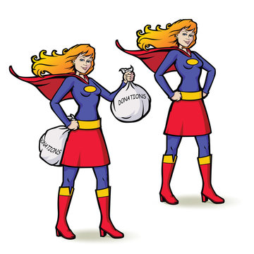 Hero Girl In Skirt And Cape Holding Donation Bags.