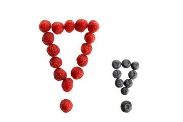 Alphabet from fresh fruit, raspberry and blackberry