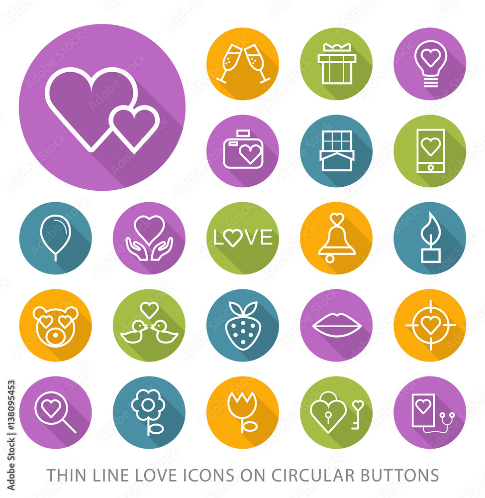 Poster set of elegant universal white valentine's day minimalistic thin line icons on circular colored butt