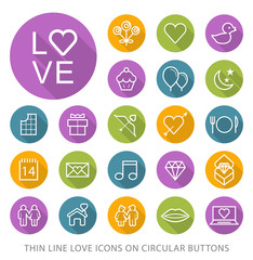 Set of Elegant Universal White Valentine's Day Minimalistic Thin Line Icons on Circular Colored Buttons on White Background