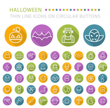 Set of 45 Elegant Universal White Halloween Minimalistic Thin Line Icons on Circular Colored Buttons on White Background