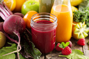 Variety of fresh vegetable and fruit juices