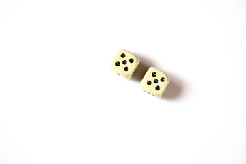 two dice double number five on a white background. gambling abstraction, copyspace