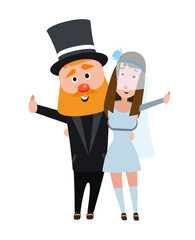 The bride and groom in an embrace. Happy romantic couple. Young people on a white background. The girl in a wedding dress and a man in a suit. Happy bearded man with a dark haired girl.