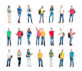 Fototapeta premium Group of smiling teenagers staying together and looking at camera isolated on white
