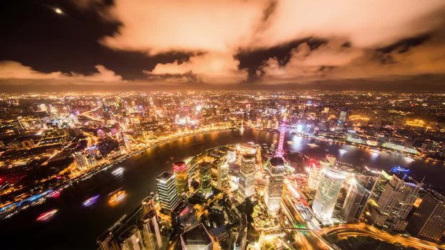  Timelapse and bird's view of landmark in Shanghai at night, China
