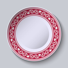 Plate with red ornamental border. Design template in ethnic style Chinese porcelain painting.