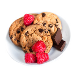 Chocolate chip cookies macro  isolated on white background. Closeup of a group of assorted cookies with chocolate chunks..
