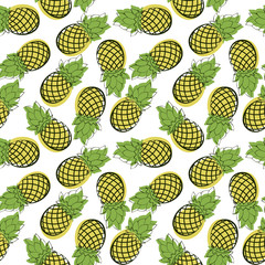 Seamless pattern of cartoon pineapple. Drawn fruit on a white background. Eco texture for packaging or for fabric.