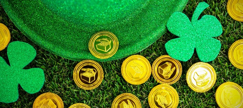 St Patricks Day Leprechaun Hat Shamrocks And Chocolate Gold Coin