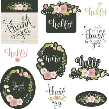 Floral hand drawn lettering Hello and Thank You