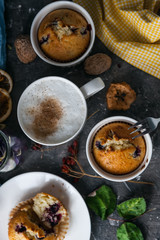 spring breakfast with muffins in rustic style
