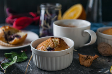 spring breakfast with muffins in rustic style