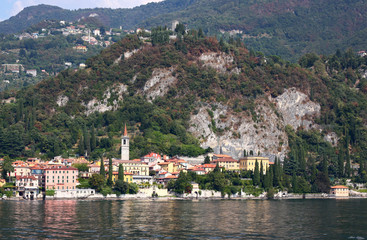 Fototapeta na wymiar View of town Varenna from ferry on lake Como in Italy