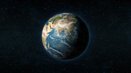 Fototapeta na wymiar Realistic Earth centered on the Asian continent, with stars in the background
