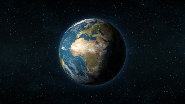 Realistic Earth centered on the African and European continent, with stars in the background © Colin Cramm