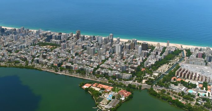 Aerial overhead shot of Ipanema Beach with city buildings and streets , Rio de Janeiro, Brazil