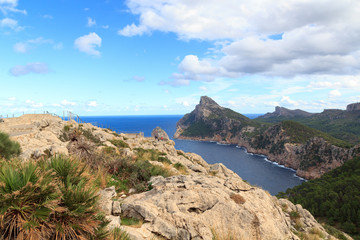 Fototapeta na wymiar Lookout point Mirador Es Colomer at Cap de Formentor cliff coast and Mediterranean Sea, Majorca, Spain