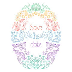 Vector wedding invitation card in floral frame and text save the date.
