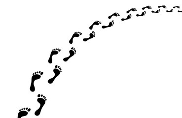 Perspektivische Barfuß-Spur um eine Kurve / Vektor, schwarz-weiß, freigestellt