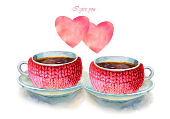 Party colorful tea cups and saucers with hearts closeup. Sketch handmade. Postcard for Valentine's Day. Watercolor illustration.