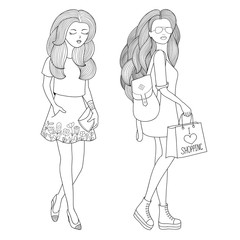 Vector black and white set of two beautiful fashion girls