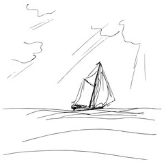 Sailing ship or boat in the ocean in ink line style. Hand sketched yacht. Marine theme design.