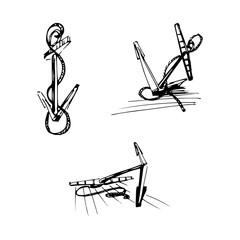 Vector set of anchors in different positions in sketch style. Hand sketched black and white anchors.