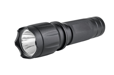Black Metal Flashlight isolated on white background with clipping path.