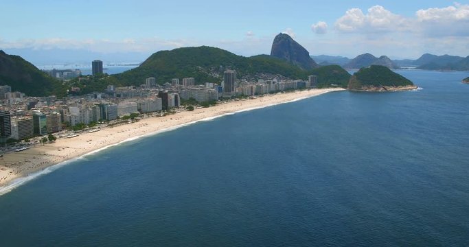 Aerial along Copacabana Beach toward Sugarloaf Mountain, Rio de Janeiro, Brazil