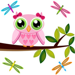Owl on a branch with dragonflies