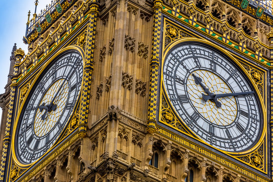 A close up image of The clock face of Big Ben, Westminster, London, England, UK