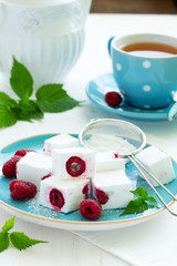 Homemade marshmallows with raspberry. Selective focus.