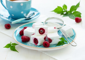 Homemade marshmallows with raspberry. Selective focus.