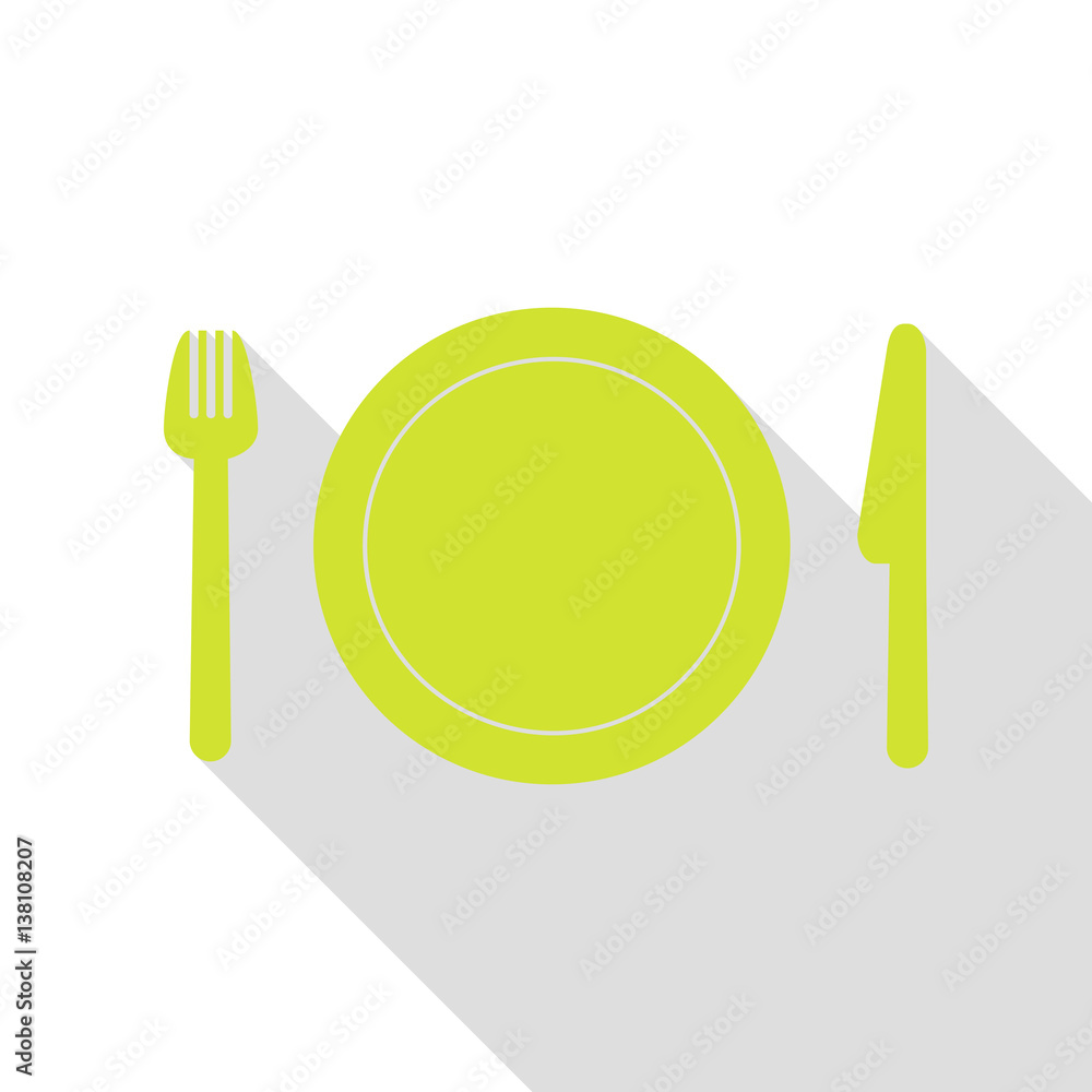 Poster fork, plate and knife. pear icon with flat style shadow path.