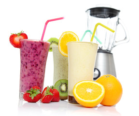 Healthy Smoothies with fresh fruits and a Blender isolated on white, for a good fit start in your day