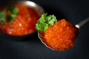 Red caviar decorated with parsley in silver spoon on a dark background, selective focus