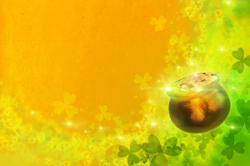 Saint Patricks Day Card with Treasure of Leprechaun, Pot Full of Golden Coins (3d illustration)