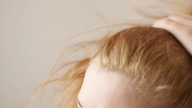 At home female blow-drying wet hair in slow motion close-up 1920X1080 HD footage - hair-dryer using on blonde woman strands slow-mo 1080p FullHD video 