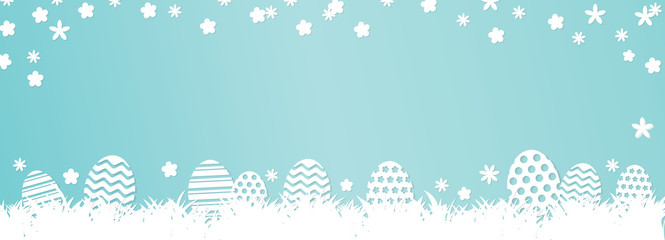 Fototapeta na wymiar Easter Banner - Cute Easter Eggs, Grass and flowers, copy space, vector file