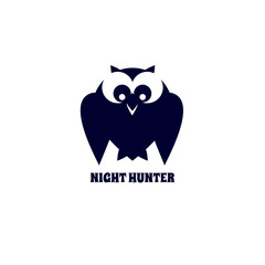 Animal based logo. Owl icon silhouette design. Simple emblem of bird night hunter isolated. Freehand drawn sign cute style. Stylized abstract symbol. Vector element of wildlife decorative background