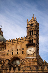 Fototapeta na wymiar PALERMO, ITALY–03 January 2017: One of the main attractions of city - Palermo Cathedral. Amazing clock tower. Palermo. Sicily