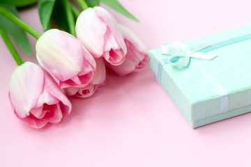 Obraz na płótnie Canvas Pink tulips on the pink background with gift box. Flat lay, top view. Valentines background