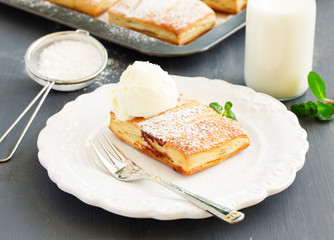 Homemade cakes and puff pastry with apples and caramel.