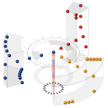 Vector paraphrase of data warehouses in the isometric perspective. Abstract principle of sorting the data in the data warehouse. Data expressed as colored balls classified according to the system.