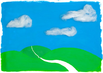 Cute Painted Landscape, winding road with real Objects, cotton wool fluffy clouds