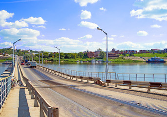 Fototapeta na wymiar Pontoon bridge across the Oka river. Nizhny Novgorod region, Russia